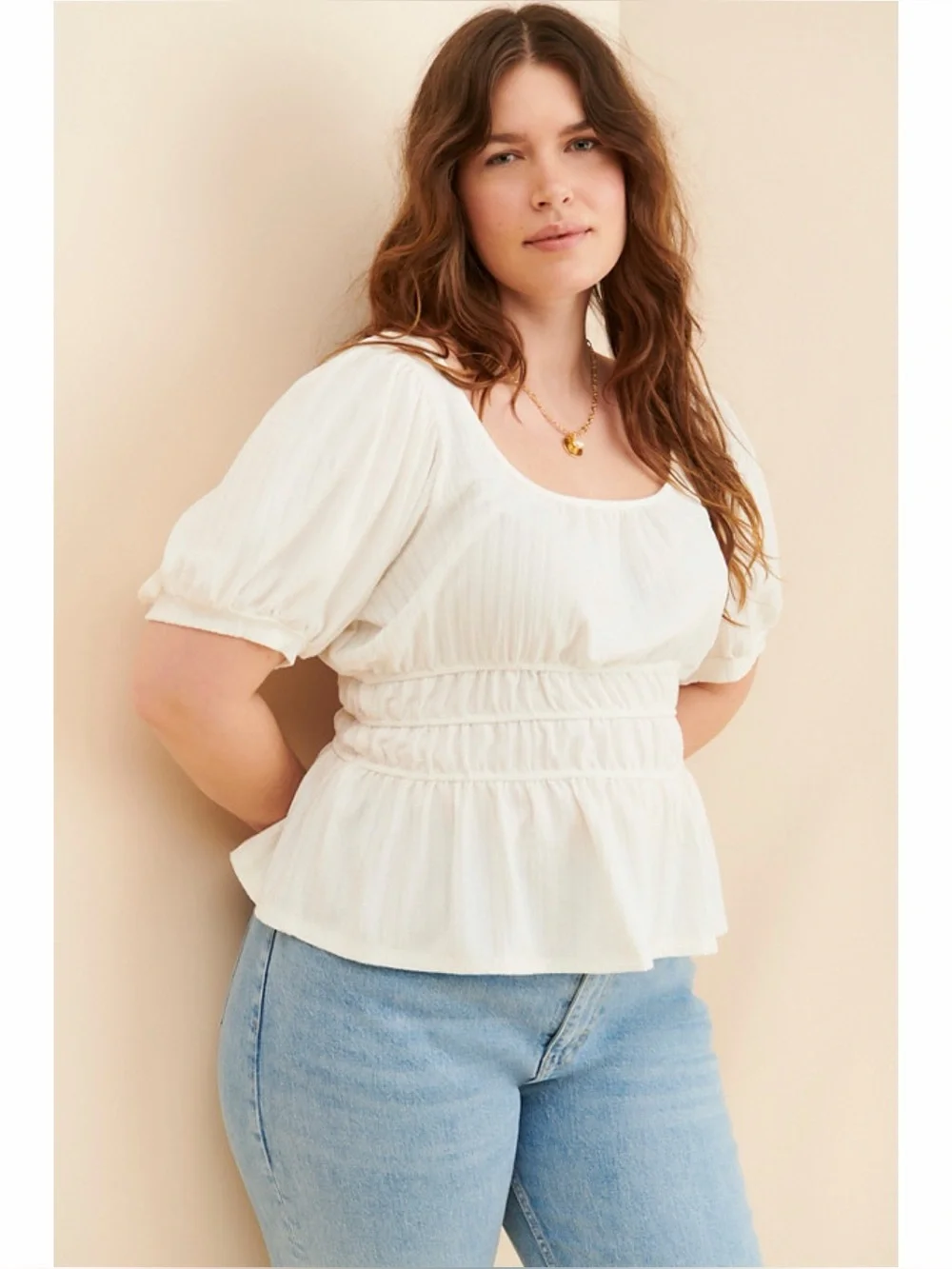 Anthropologie Maeve Ruched Puff-Sleeved Blouse in White